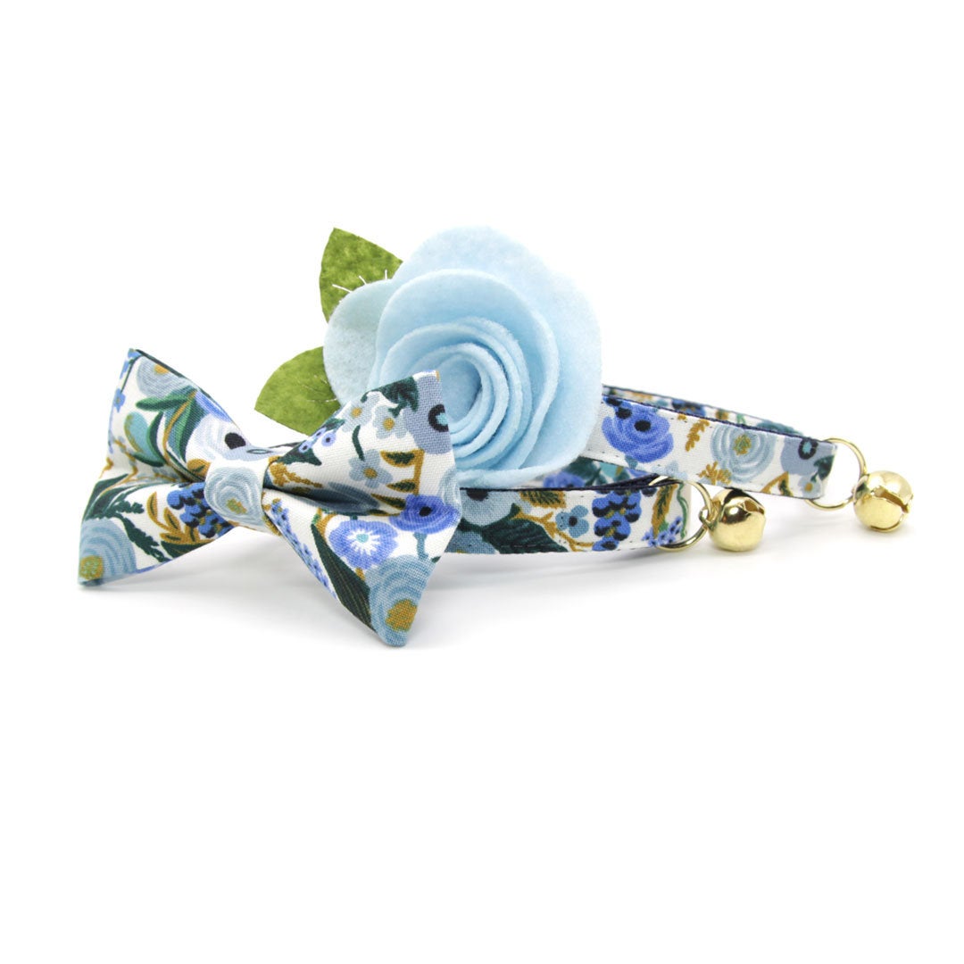Rifle Paper Co® Cat Collar + Flower Set - "Indigo Garden" - Blue Floral Cat Collar w/ Sky Blue Felt Flower (Detachable)