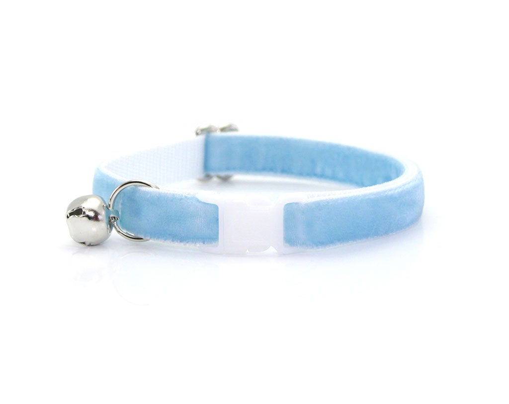Cat Collar + Flower Set - "Velvet - Frosty Blue" - Velvet Cat Collar w/ Sky Blue Felt Flower (Detachable)