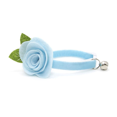 Cat Collar + Flower Set - "Velvet - Frosty Blue" - Velvet Cat Collar w/ Sky Blue Felt Flower (Detachable)