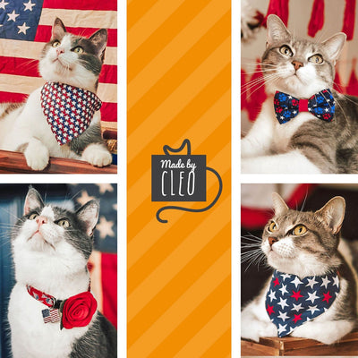 Fourth of July Cat Bandana - "Pinwheels Navy Blue" - Patriotic Bandana for Cat + Small Dog / Independence Day / Slide-on Bandana / Over-the-Collar (One Size)