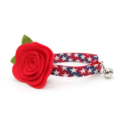 Cat Collar + Flower Set - "Americana" - Stars & Stripes Cat Collar w/ Scarlet Red Felt Flower (Detachable) / Fourth of July, Independence Day