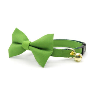 Bow Tie Cat Collar Set - "Color Collection - Apple Green" - Solid Green Cat Collar w /  Matching Bowtie / Wedding / Cat, Kitten, Small Dog Sizes - Kitten (6-10) / Breakaway / Gold