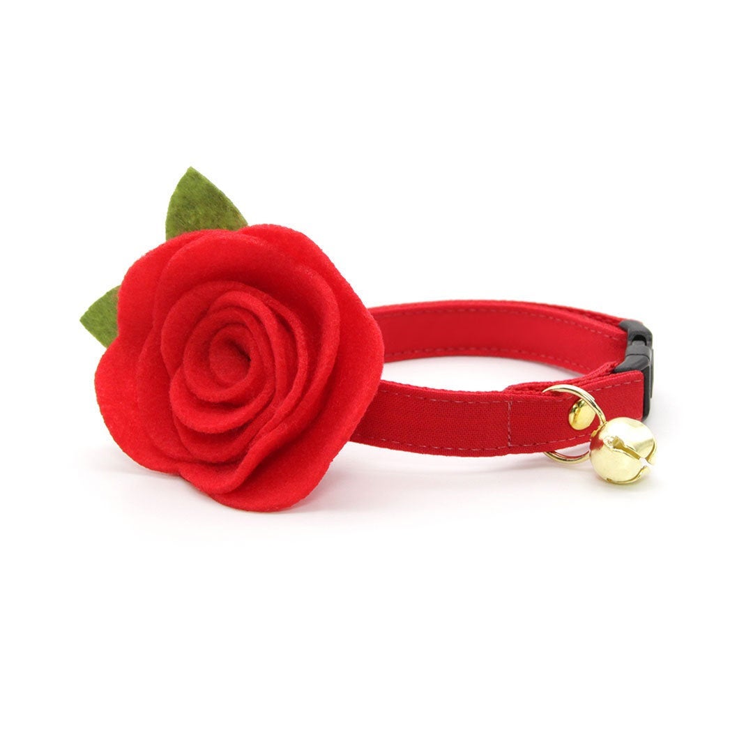 Cat Collar + Flower Set - "Color Collection - Red" - Solid Red Cat Collar + Scarlet Red Felt Flower (Detachable) / Wedding