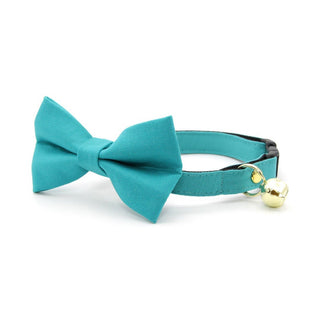 Bow Tie Cat Collar Set - "Color Collection - Teal" - Solid Teal Cat Collar w /  Matching Bowtie / Wedding / Cat, Kitten, Small Dog Sizes - Kitten (6-10) / Breakaway / Gold