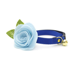 Cat Collar + Flower Set - "Color Collection - Cobalt Blue" - Solid Blue Cat Collar w/ Sky Blue Felt Flower (Detachable) / Wedding - Adult Cat (8-13) / Breakaway / Gold