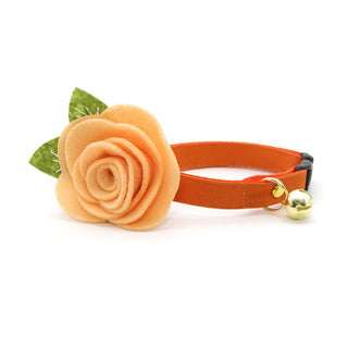 Cat Collar + Flower Set - "Color Collection - Orange" - Solid Orange Cat Collar w/ Peach Felt Flower (Detachable) / Wedding - Adult Cat (8-13) / Breakaway / Gold