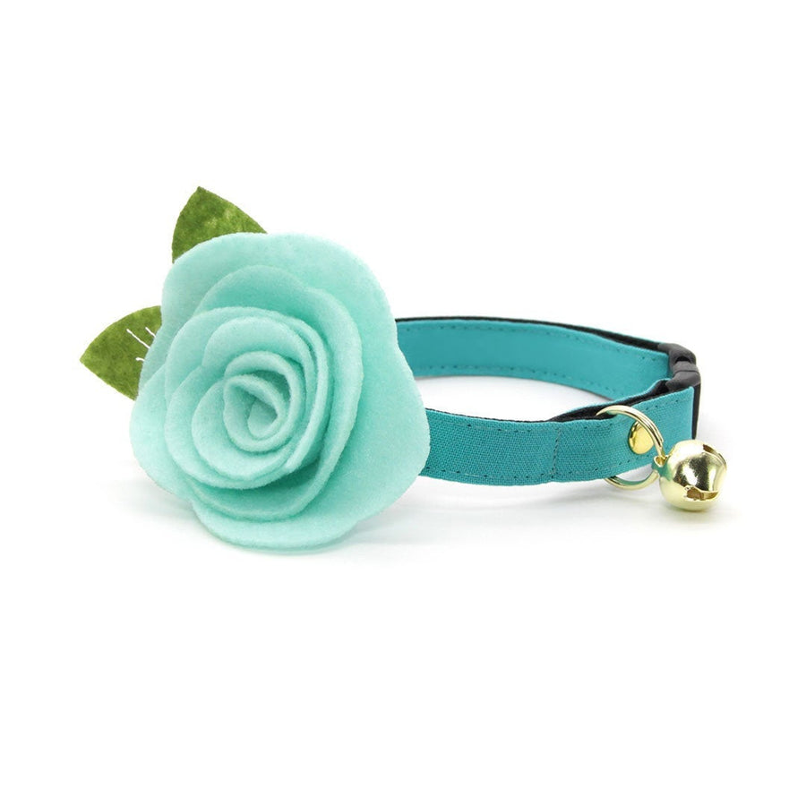 Cat Collar + Flower Set - "Color Collection - Teal" - Solid Teal Cat Collar + Mint Felt Flower (Detachable) / Wedding