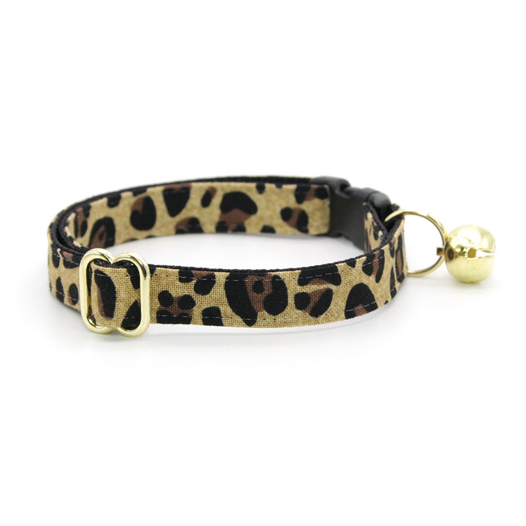 Cat Collar + Flower Set - "Safari" - Animal Print Cat Collar w/ Mustard Felt Flower (Detachable) / Leopard, Cheetah, African Exotic Cat Print