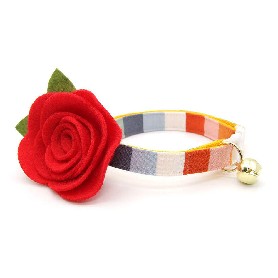 Cat Collar + Flower Set - "Carousel" - Rainbow Striped Cat Collar w/ Scarlet Red Felt Flower (Detachable) / Birthday