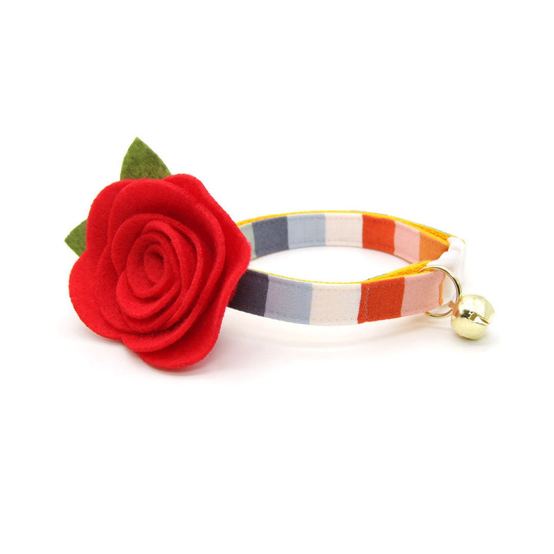 Cat Collar + Flower Set - "Carousel" - Rainbow Striped Cat Collar w/ Scarlet Red Felt Flower (Detachable) / Birthday