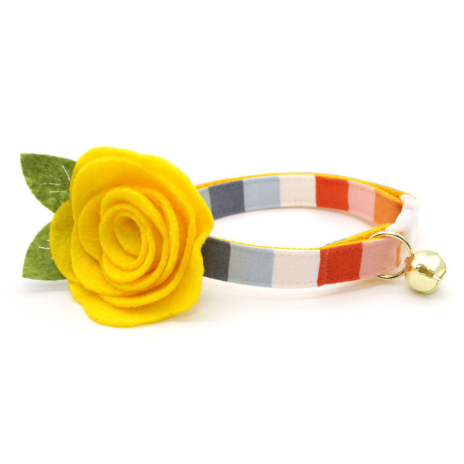Cat Collar + Flower Set - "Carousel" - Rainbow Striped Cat Collar w/ Yellow Felt Flower (Detachable) / Birthday