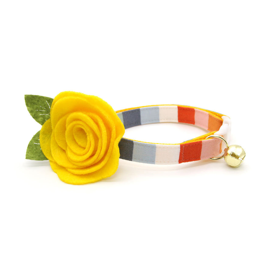 Cat Collar + Flower Set - "Carousel" - Rainbow Striped Cat Collar w/ Yellow Felt Flower (Detachable) / Birthday