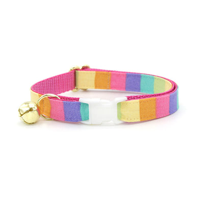 Cat Collar + Flower Set - "Pastel Rainbow" - Retro 80s Striped Cat Collar w/ Baby Pink Felt Flower (Detachable) / Birthday