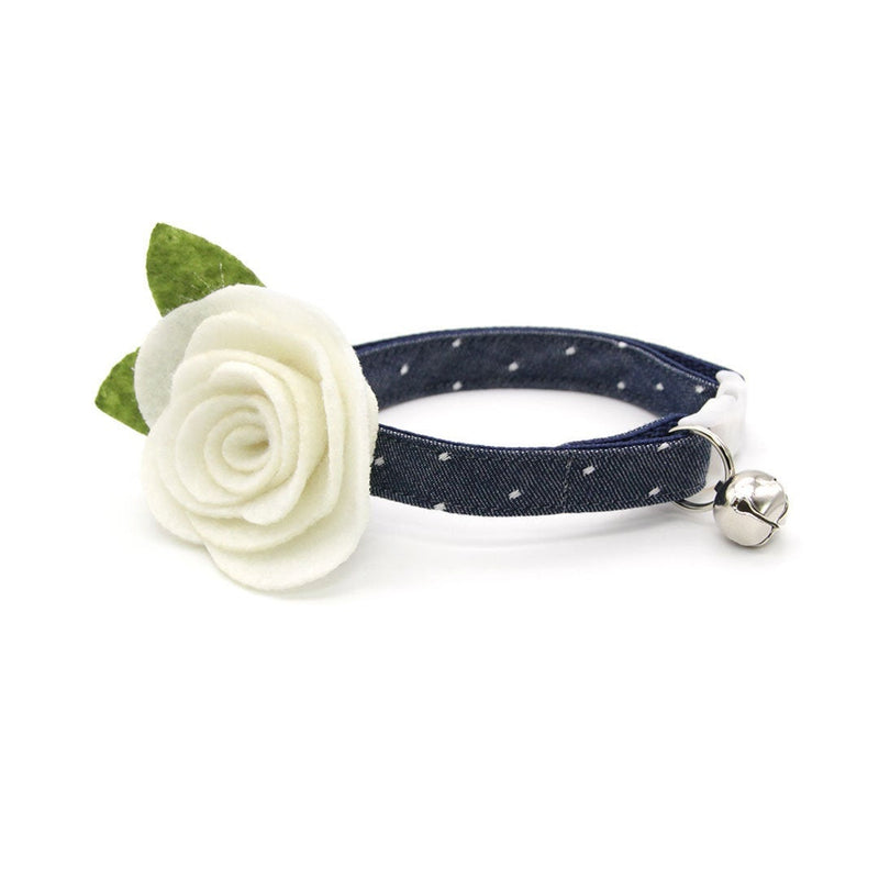 Cat Collar + Flower Set - "Weekend" - Blue Polka Dot Chambray Denim Cat Collar w/ Ivory Felt Flower (Detachable) / Wedding