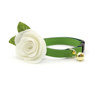 Cat Collar + Flower Set - "Color Collection - Apple Green" - Solid Green Cat Collar + Ivory Felt Flower (Detachable) / Wedding