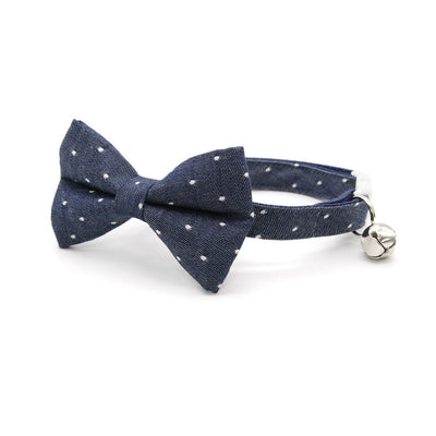 Cat Collar - "Weekend" - Blue Polka Dot Chambray Denim Cat Collar / Wedding / Breakaway Buckle or Non-Breakaway / Cat, Kitten + Small Dog Sizes
