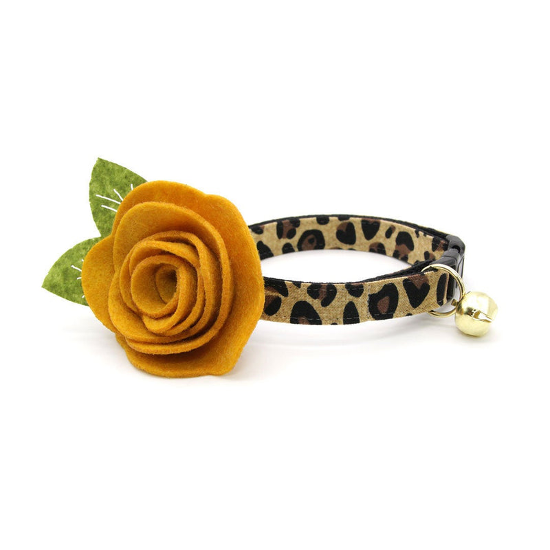 Cat Collar + Flower Set - "Safari" - Animal Print Cat Collar w/ Mustard Felt Flower (Detachable) / Leopard, Cheetah, African Exotic Cat Print