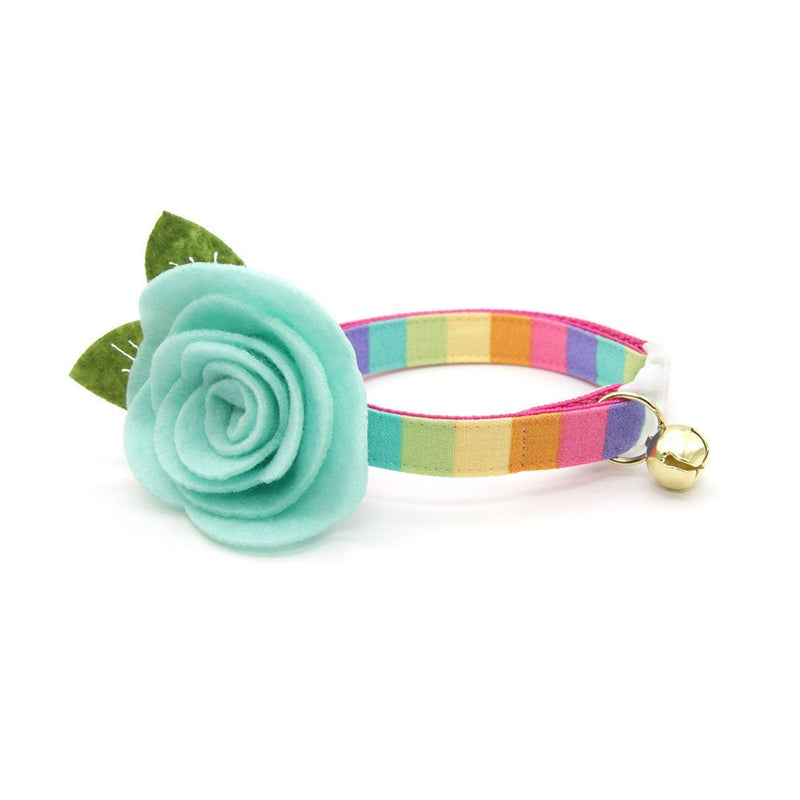 Cat Collar + Flower Set - "Pastel Rainbow" - Retro 80s Striped Cat Collar w/ Mint Felt Flower (Detachable) / Birthday