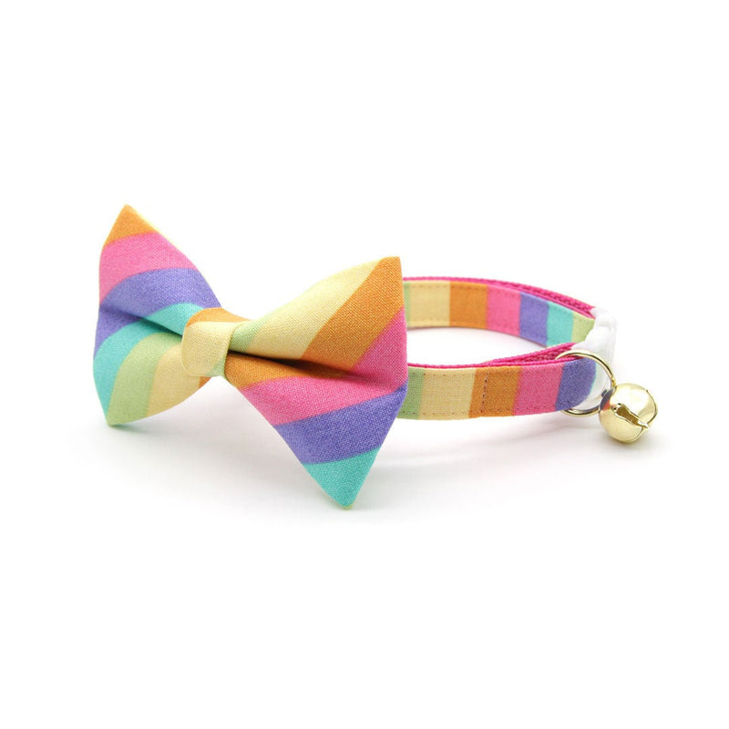 Bow Tie Cat Collar Set - "Pastel Rainbow" - Fun 80s Vibes Striped Cat Collar w /  Matching Bowtie / Birthday / Cat, Kitten, Small Dog Sizes
