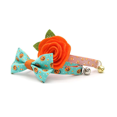 Pet Bow Tie - "Party Pumpkins" - Halloween Trick-or-Treat Jackolantern Cat Bow Tie / For Cats + Small Dogs (One Size)