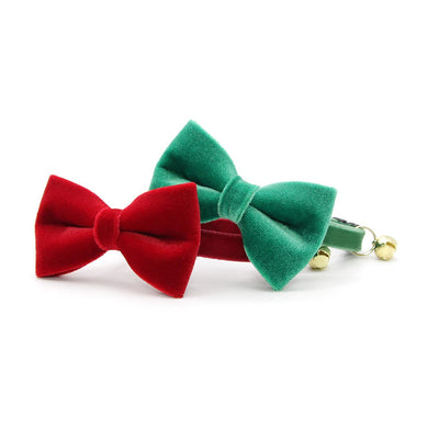 Pet Bow Tie - "Velvet - Emerald Green" - Bright Holiday Green Velvet Cat Bow Tie / For Cats + Small Dogs (One Size)