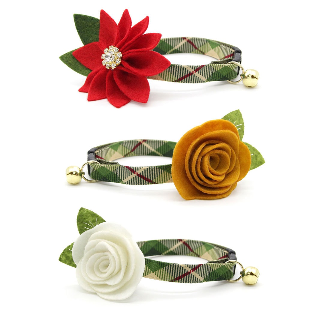 Cat Collar - "Linden" - Buttercream + Leaf Green Plaid Cat Collar / Breakaway Buckle or Non-Breakaway / Cat, Kitten + Small Dog Sizes