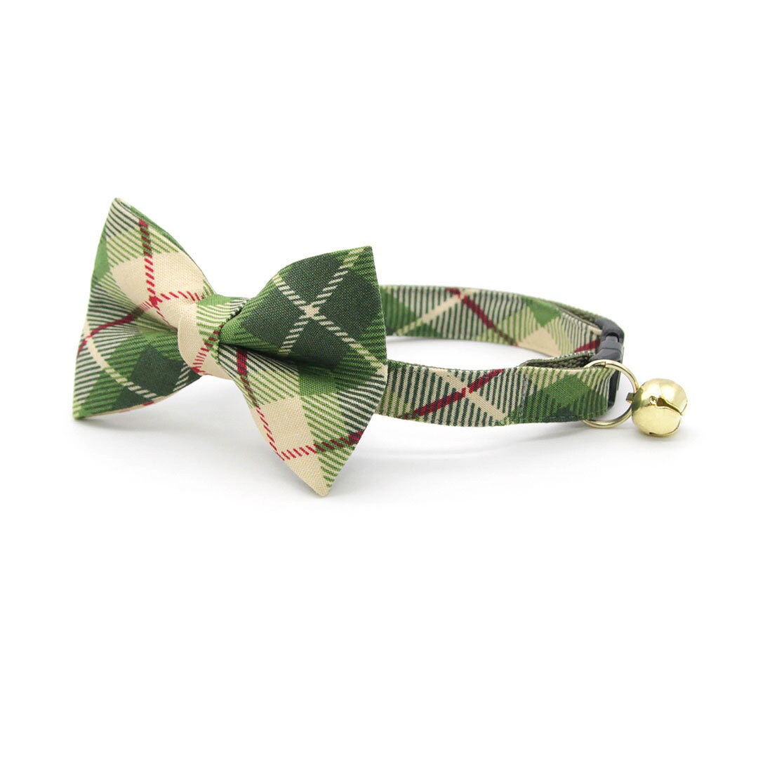 Bow Tie Cat Collar Set - "Linden" - Buttercream + Leaf Green Plaid Cat Collar w/ Matching Bowtie / Cat, Kitten, Small Dog Sizes