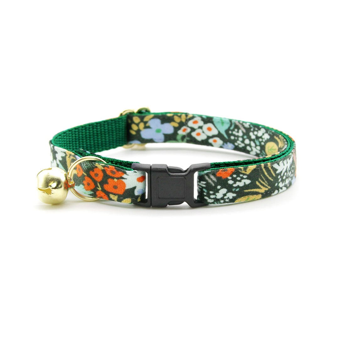 Cat Collar + Flower Set - "Meadow" - Rifle Paper Co® Green Floral Cat Collar w/ Mint Felt Flower (Detachable)