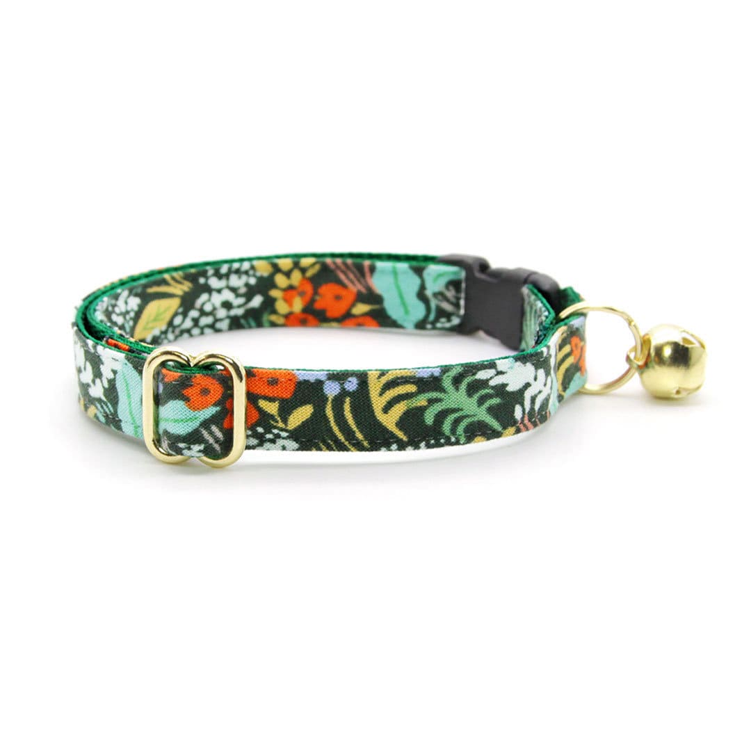 Cat Collar + Flower Set - "Meadow" - Rifle Paper Co® Green Floral Cat Collar w/ Mint Felt Flower (Detachable)