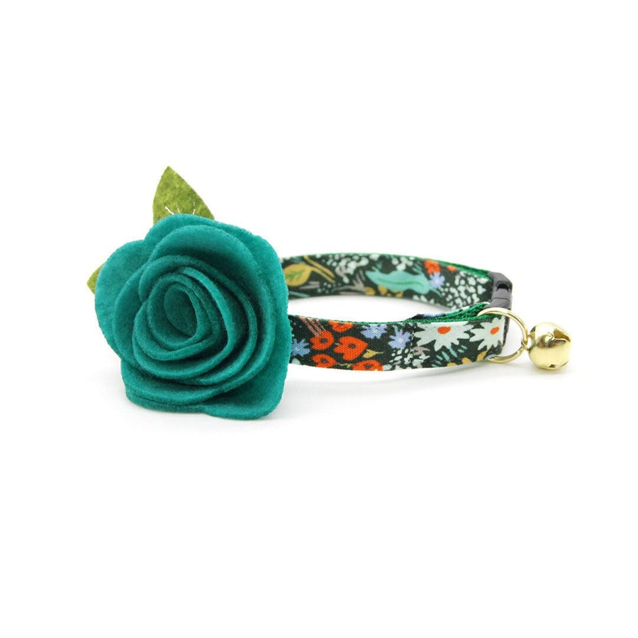 Cat Collar + Flower Set - "Meadow" - Rifle Paper Co® Green Floral Cat Collar w/ Teal Felt Flower (Detachable)
