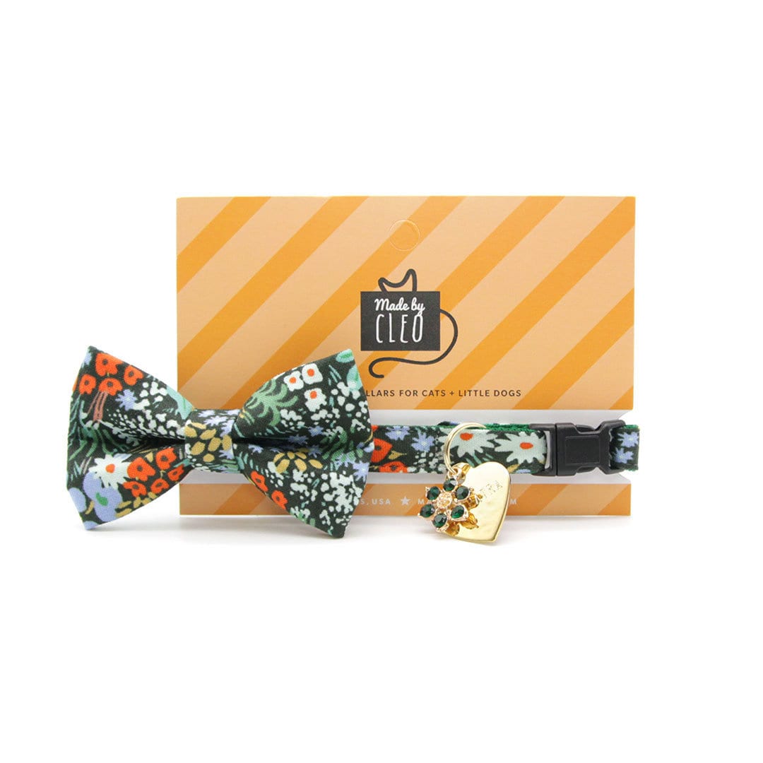 Cat Collar + Flower Set - "Meadow" - Rifle Paper Co® Green Floral Cat Collar w/ Teal Felt Flower (Detachable)
