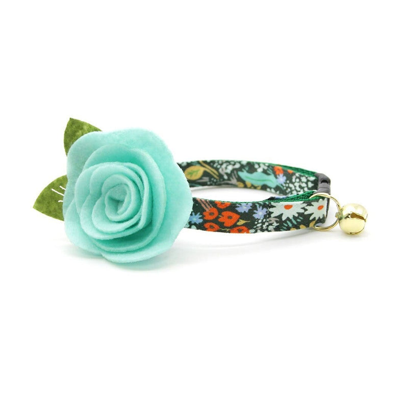 Cat Collar + Flower Set - "Meadow" - Rifle Paper Co® Green Floral Cat Collar w/ Mint Felt Flower (Detachable)