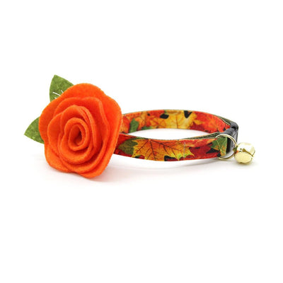 Cat Collar + Flower Set - "Forever Fall" - Autumn Leaves Cat Collar w/ Pumpkin Orange Felt Flower (Detachable)