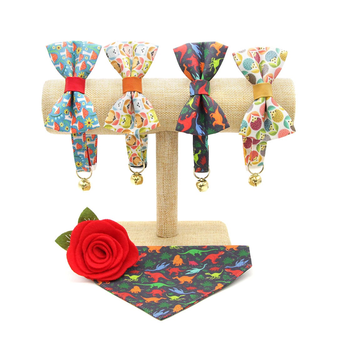 Cat Collar + Flower Set - "Dinosaurus Rex" - Colorful Dinosaur Cat Collar w/ Scarlet Red Felt Flower (Detachable)
