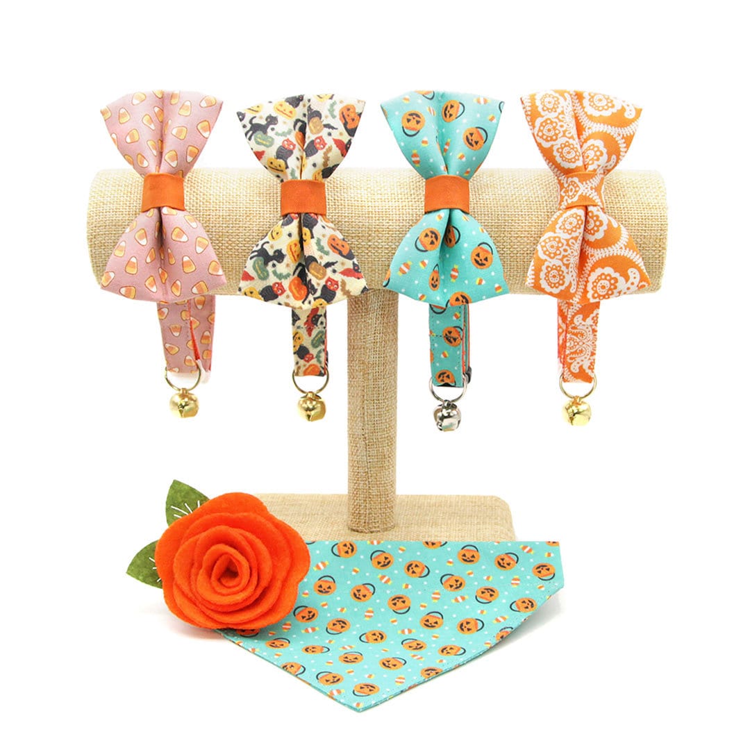 Cat Collar + Flower Set - "Sweet Tooth" - Halloween Pink Candy Corn Cat Collar w/ Pumpkin Orange Felt Flower (Detachable)