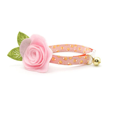 Cat Collar + Flower Set - "Sweet Tooth" - Halloween Pink Candy Corn Cat Collar w/ Baby Pink Felt Flower (Detachable)