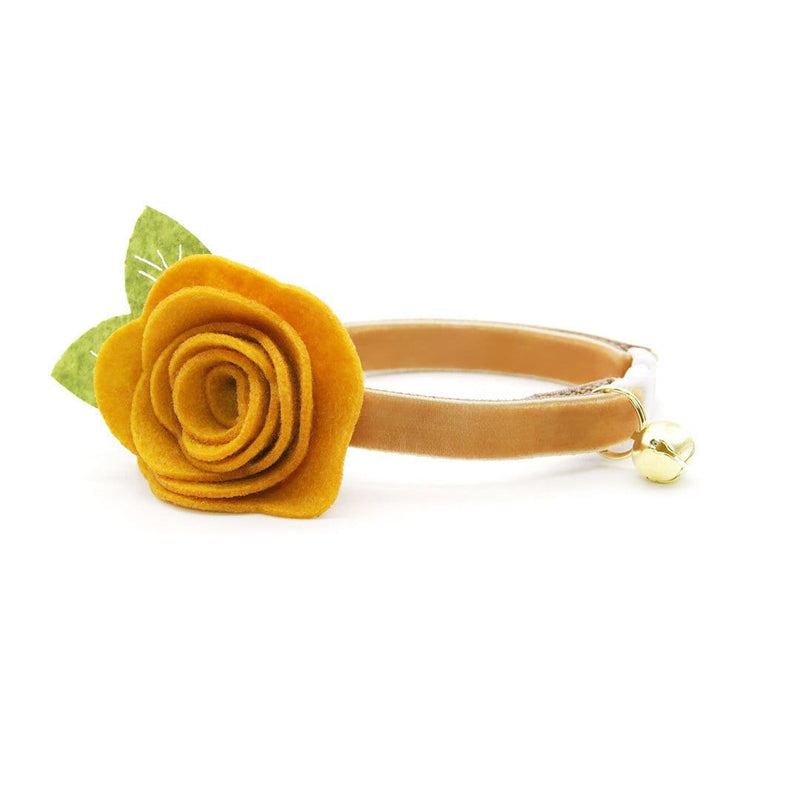 Cat Collar + Flower Set - "Velvet - Caramel" - Light Brown Sugar Gold Velvet Cat Collar w/ Mustard Gold Felt Flower (Detachable)