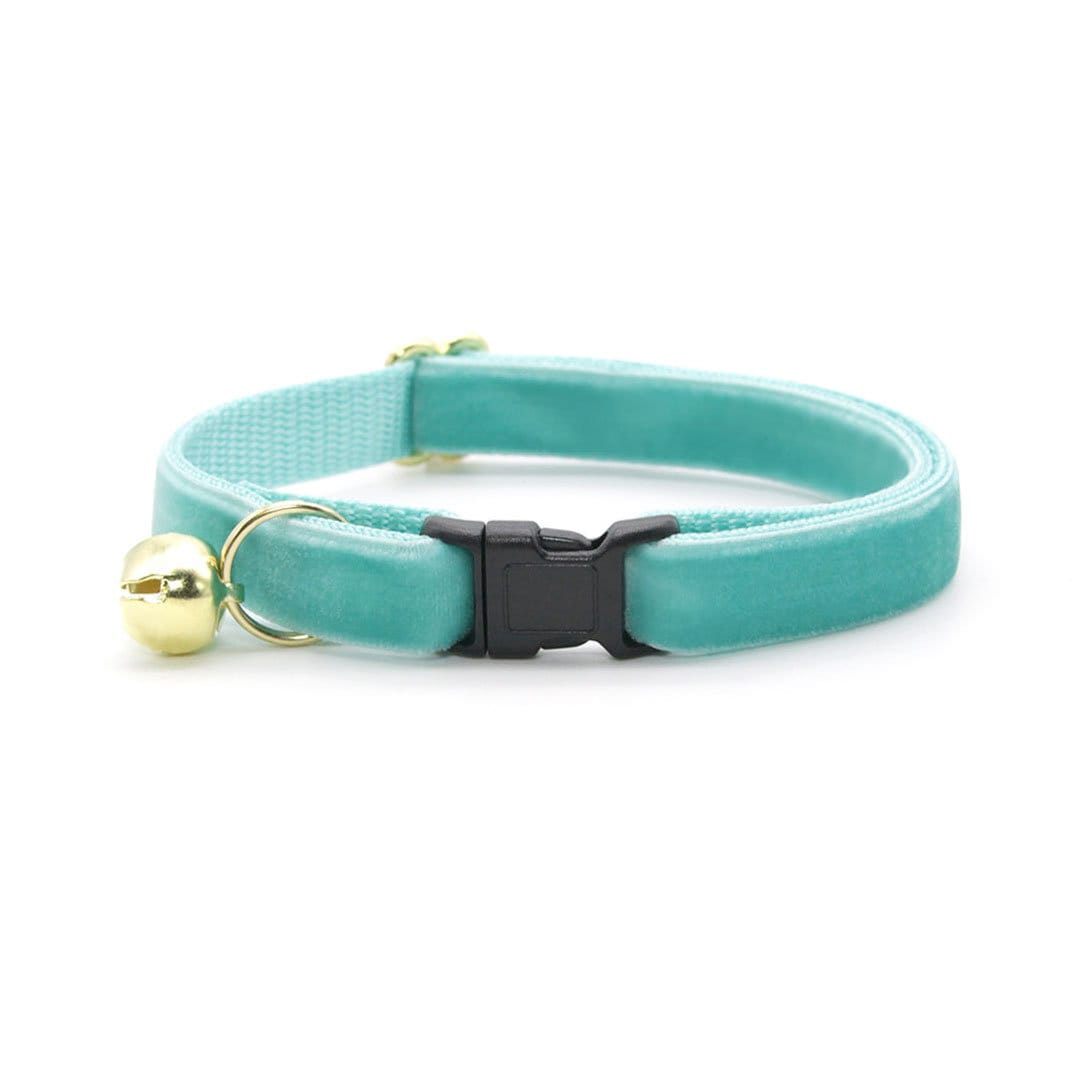 Cat Collar + Flower Set - "Velvet - Seafoam" - Light Turquoise Velvet Cat Collar w/ Mint Felt Flower (Detachable)