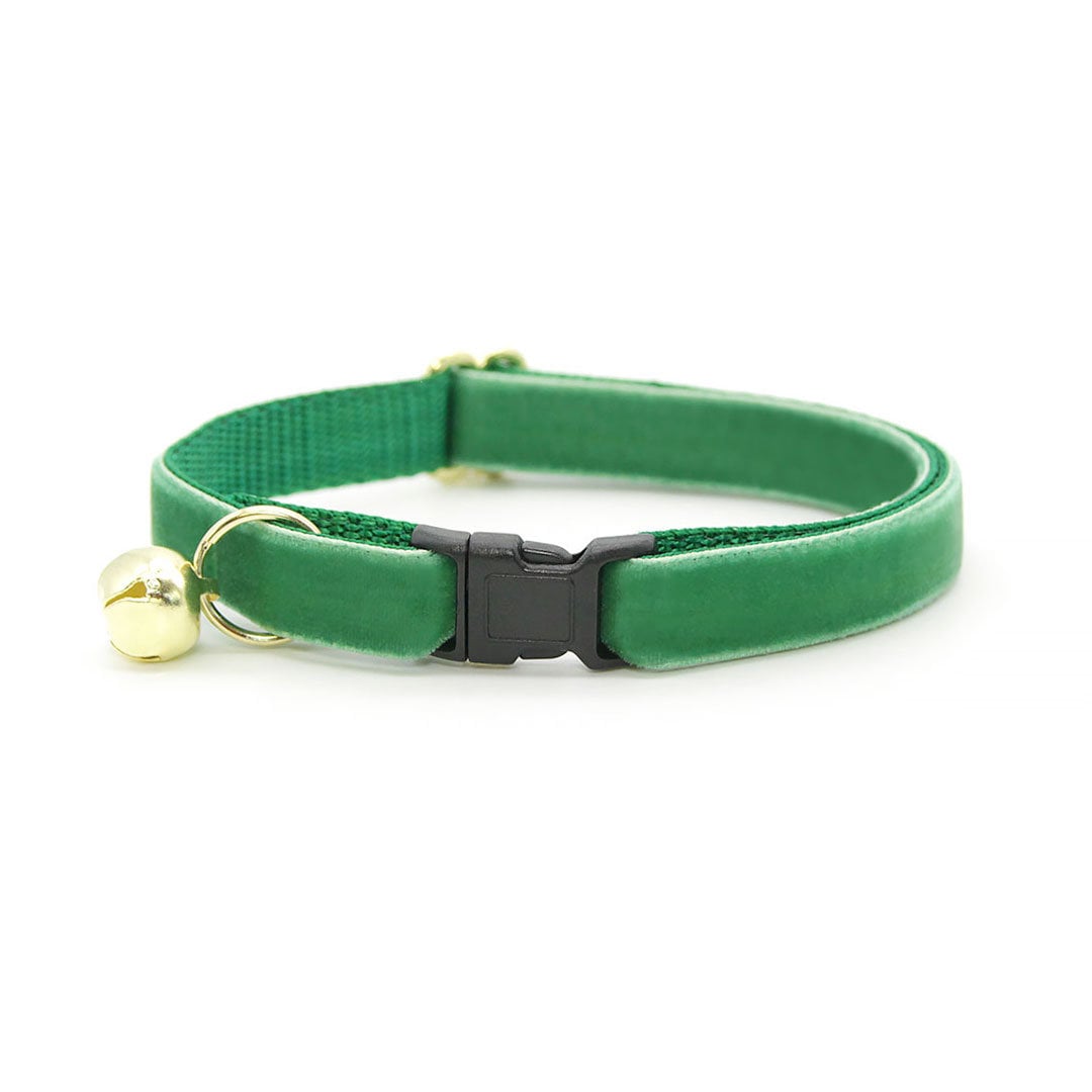 Cat Collar + Flower Set - "Velvet - Emerald Green" - Bright Holiday Green Velvet Cat Collar w/ Scarlet Red Felt Flower (Detachable)