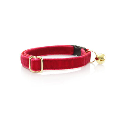 Cat Collar + Flower Set - "Velvet - Garnet Red" - Holiday Red Velvet Cat Collar + Specialty Christmas Red Poinsettia Felt Flower (Detachable)