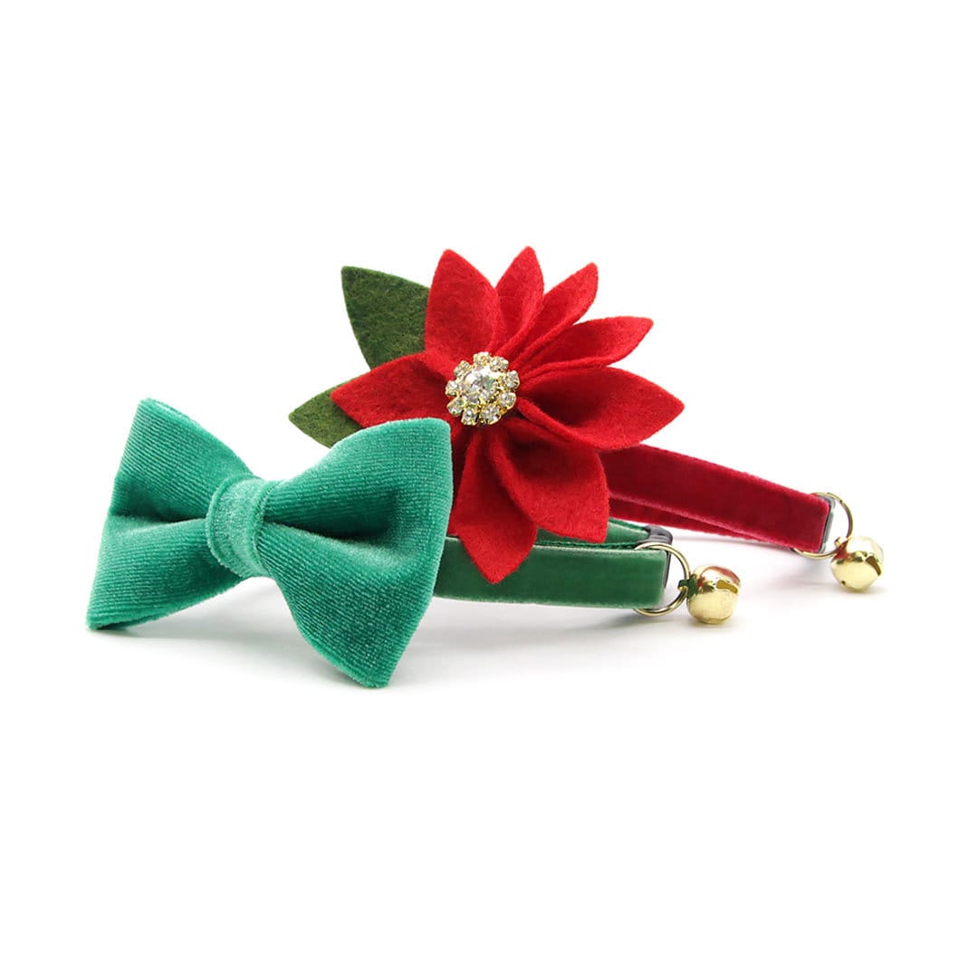 Pet Bow Tie - "Velvet - Emerald Green" - Bright Holiday Green Velvet Cat Bow Tie / For Cats + Small Dogs (One Size)