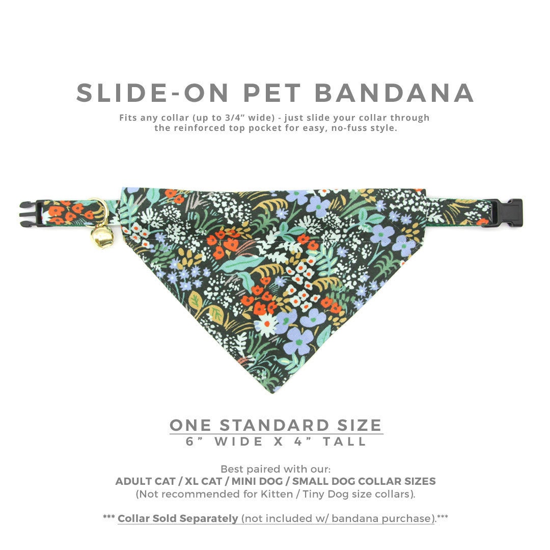 Pet Bandana - "Meadow" - Rifle Paper Co® Dark Green Floral Bandana for Cat + Small Dog / Slide-on Bandana / Over-the-Collar (One Size)