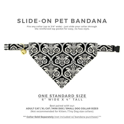Pet Bandana - "Raven" - Black Damask Bandana for Cat + Small Dog / Slide-on Bandana / Over-the-Collar (One Size)