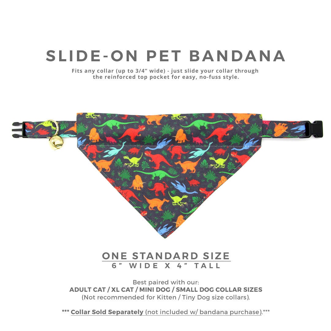 Pet Bandana - "Dinosaurus Rex" - Colorful Dinosaur Bandana for Cat + Small Dog / Slide-on Bandana / Over-the-Collar (One Size)