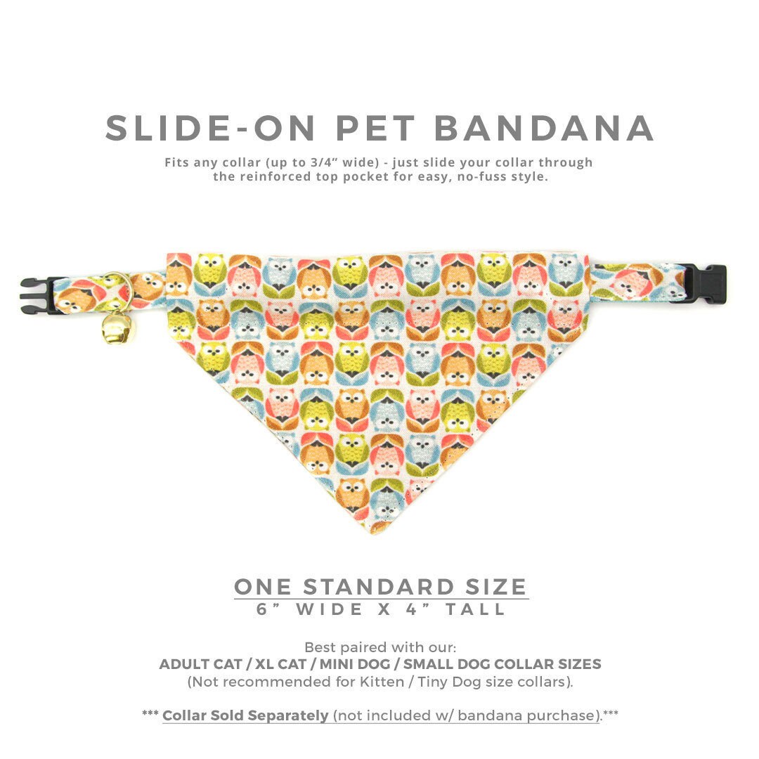Pet Bandana - "Feathered Friends" - Owl Bandana for Cat + Small Dog / Slide-on Bandana / Over-the-Collar (One Size)