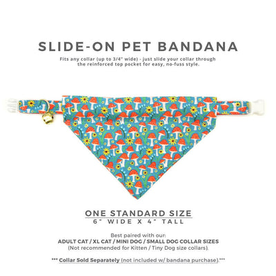 Pet Bandana - "Magic Mushrooms" - Blue & Red Toadstool Bandana for Cat + Small Dog / Slide-on Bandana / Over-the-Collar (One Size)