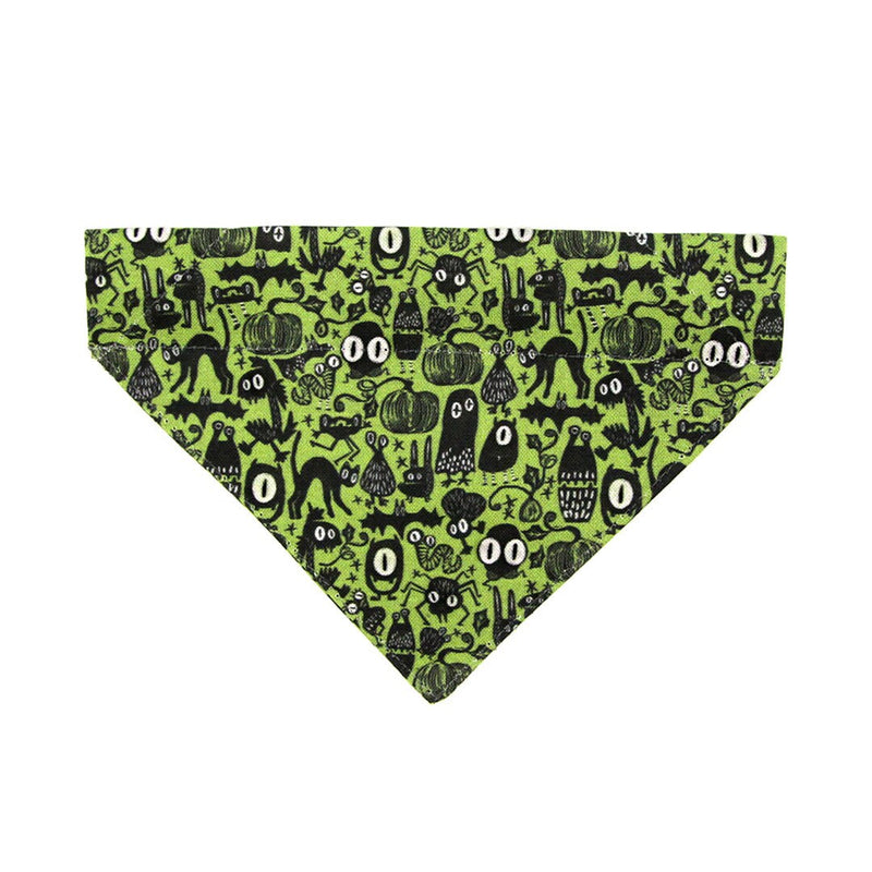 Pet Bandana - "Creepy Critters - Poison Green" -  Halloween Monsters Bandana for Cat + Small Dog / Slide-on Bandana / Over-the-Collar (One Size)