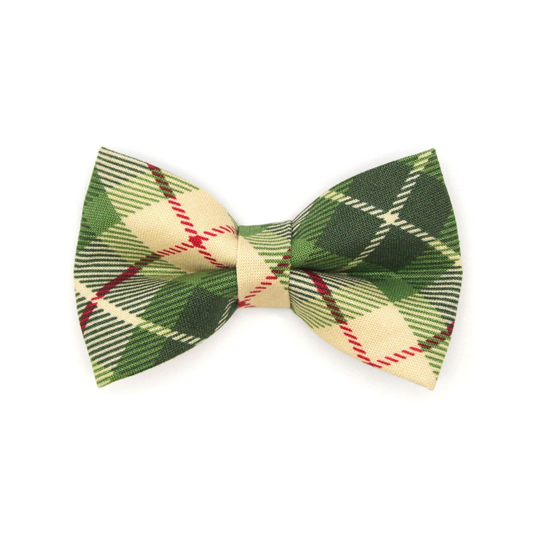 Bow Tie Cat Collar Set - "Linden" - Buttercream + Leaf Green Plaid Cat Collar w/ Matching Bowtie / Cat, Kitten, Small Dog Sizes