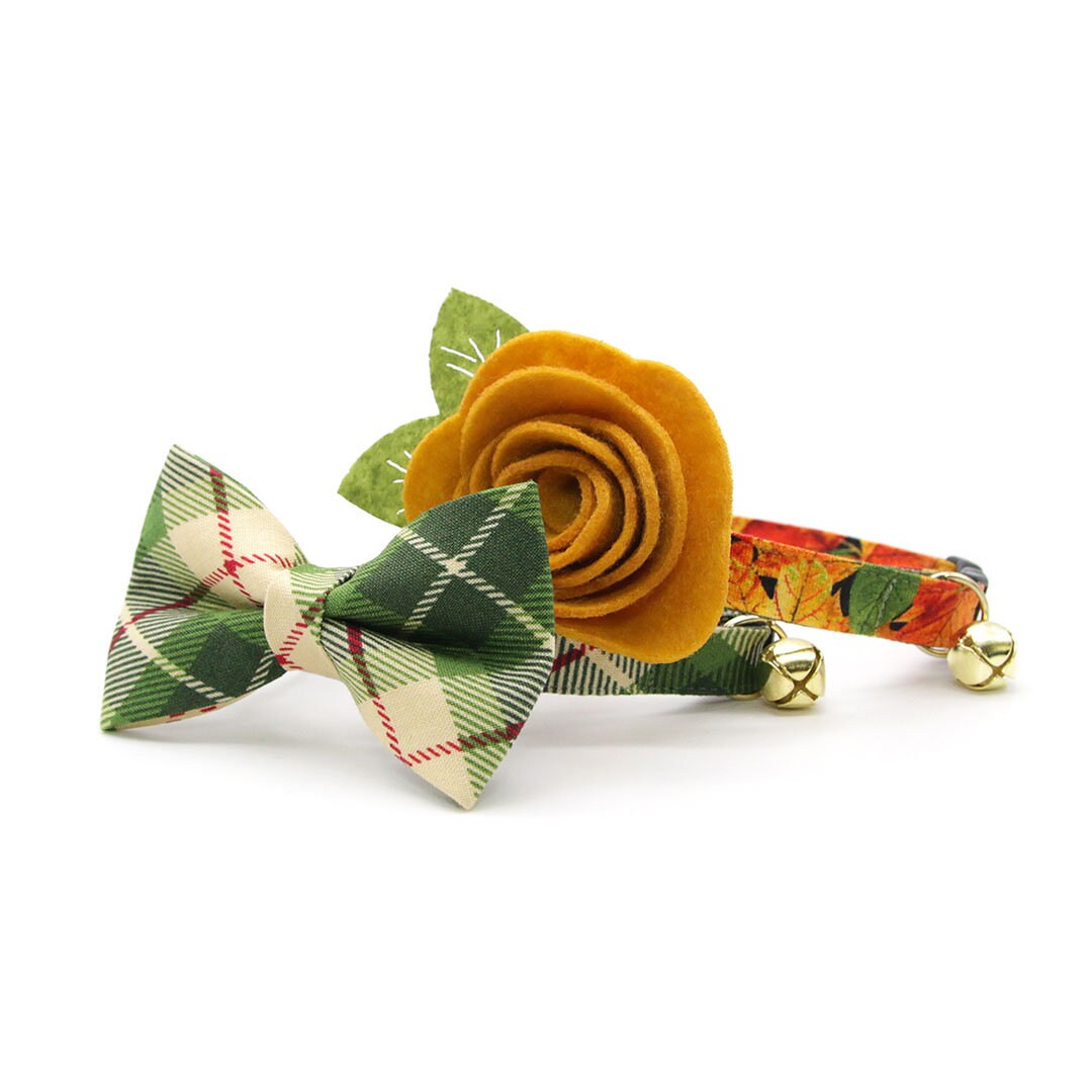 Bow Tie Cat Collar Set - "Linden" - Buttercream + Leaf Green Plaid Cat Collar w/ Matching Bowtie / Cat, Kitten, Small Dog Sizes