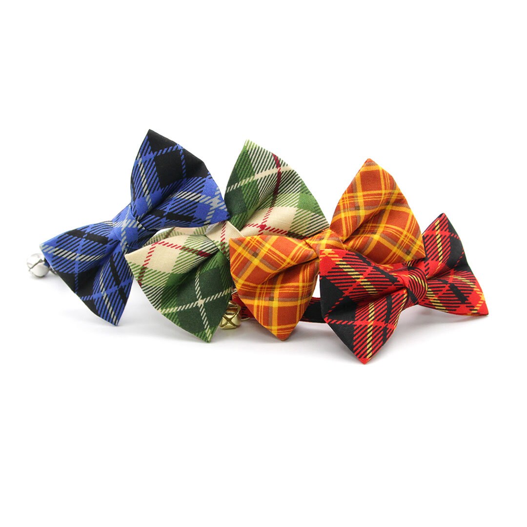 Bow Tie Cat Collar Set - "Linden" - Buttercream + Leaf Green Plaid Cat Collar w/ Matching Bowtie / Cat, Kitten, Small Dog Sizes